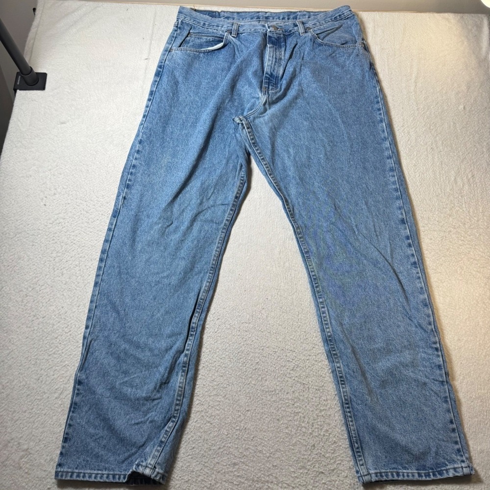 Wrangler Jeans Mens 38x32 Blue Good Straight Leg Cotton 97601SB Light Wash